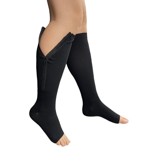 NEW Open Toe Knee Length Zipper Up Compression Hosiery Calf Leg Support Stocking (2XL, Black)