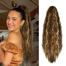 YEAME Wavy Ponytail Extension Claw Clip, 22 Inch Corn Wave Pony Tail Synthetic Brown Mixed Blonde Hair, Long Curly Jaw Ponytail Hair Extainson for Women Girls (Brown Mixed Blonde)