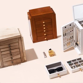 ProCase Large Jewelry Box, 7-Layer Wooden Jewelry Boxes for Women, Jewellery Holder Organizer Storage Case with Mirror for Earrings Necklace for Dresser -Brown