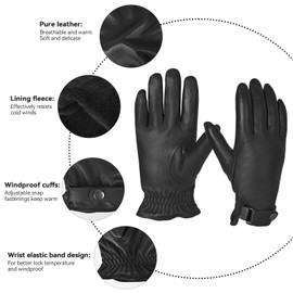 POONWEI Genuine sheepskin leather men's gloves, winter warm cashmere lined driving motorcycle gloves (Black, M)