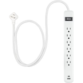 GE 6-Outlet Power Strip with USB, 1 USB-A & 1 USB-C Port, 4ft Braided Extension Cord, Circuit Breaker, Wall Mountable, ETL Certified, White, 85706