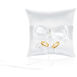 Bruislard 14 x 14 cm Wedding Bowknot Ring Bearer Cushion with Simulation Pearl Ring Cushion for Wedding and Engagement