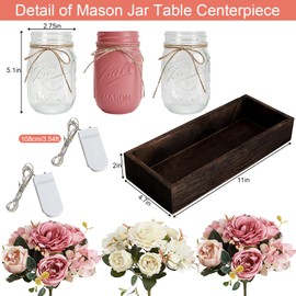 Nagobi Mason Jar Lights Centerpiece for Table, Mason Jar Centerpiece Decor for Dining Room Farmhouse Coffee Table Decor with Wood Tray Fairy Lights Fake Peony Flowers for Kitchen Living - Pink White