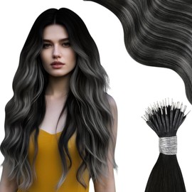 Moresoo Hair Nano Beads Hair Extensions Invisible Nano Hair Extensions Human Hair Straight Nano Tip Hair Nano Ring Hair Extensions 50G/50S Balayage Natural Black to Silver with Black 20inch