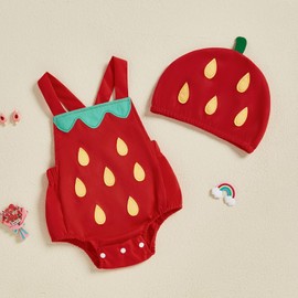 MAHUAOYIXI Newborn Baby Girls Boys Outfits Fruit Strawberry Avocado Romper Sleeveless Bodysuits with Hat Infant Baby Clothes 2 Piece Toddler Baby Clothing Sets (Red, 9-12 Months)