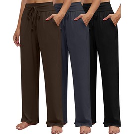 Neer 3 Pack Women's Lounge Pants Wide Leg Yoga Sweatpants with Pockets High Waisted Drawstring Lounge Loose Workout Jogger(Black, Dark Gray, Brown, XX-Large)