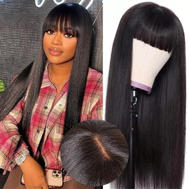 LOVFIR Straight Wig with Bangs Human Hair 150% Density Upgrade 2x1 HD Lace Bang Wig Human Hair for Black Women 16 Inch