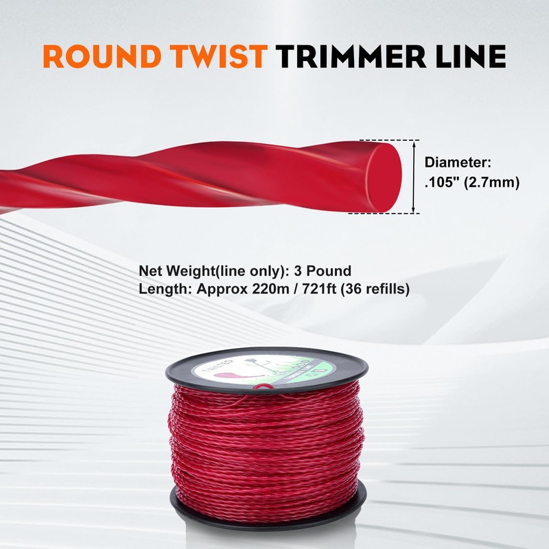 Hipa 3 Pounds 2.7 mm/.105" String Trimmer Line, Twist 105