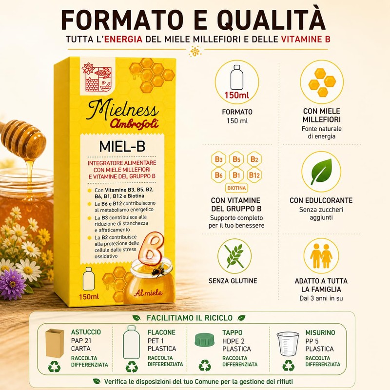 Ambrosoli Mielness Miel-B 150 ml – Integratore Alimentare con Miele