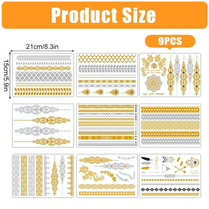 80+ Patterns Gold Festival Tattoos, Metallic Tattoo, Waterproof, Temporary Tattoos