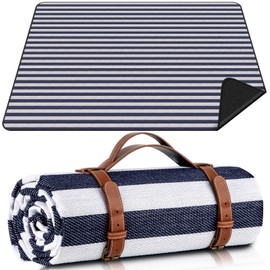 ADRIMER Large Picnic Blanket, Outdoor Waterproof Picnic Mat, Portable Sandproof Beach Blanket Mat for Family, Park, Camping, Hiking, 59" x 79", Blue White Stripe