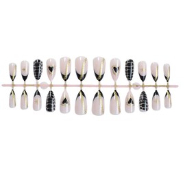 24Pcs Black French Tip Press on Nails Short Almond Fake Nails Gold Star Design Stick on Nails Gothic False Nails Glossy Artificial Acrylic Glue On Nail for Women Nail Art Decoration