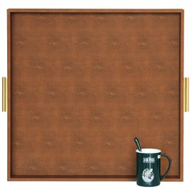 HofferRuffer Extra Large Square Serving Tray, Elegant Faux Leather Ottoman Tray with Gold Hardware Handles, Serve Tea, Coffee or Breakfast in Bed, 24 x 24 inches (Brown Shagreen)