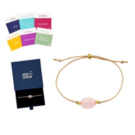 Glücksschmiedin - Rosenquarz Armband Damen mit Karten-Set, Edelsteinarmband Rosa mit Goldperlen und edler Geschenkbox mit 6 verschiedenen Glückwunschkarten für jeden Anlass.