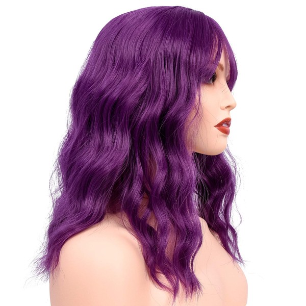 BYBENTY Short Bob Hair Wigs with Bangs for Women Colorful Curly Sexy Wig Shoulder Length Natural Looking for Kids Party Daily Wear (Purple)