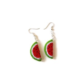 Red watermelon drop earrings handmade crochet fruit 925 sterling silver