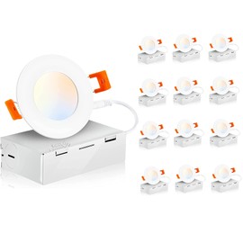 CLOUDY BAY [12 Pack] 3 inch 5 Color Ultra Thin LED Recessed Light with Junction Box,IC Rated,120V 9W CRI90+,5 Color Temperature Selectable, Illumination Diameter 1-7/8inch,White