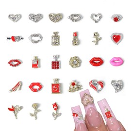 CEWEWP 27Pcs Valentine's Day 3D Nail Charms Press ON Nails Heart Nail Rhinestone Decals Lip Mark Shaped Nail Art Valentine Love Lips Beautiful Look for Nail Jewelry Lipstick Rose Alloy Nail Gems Decorations