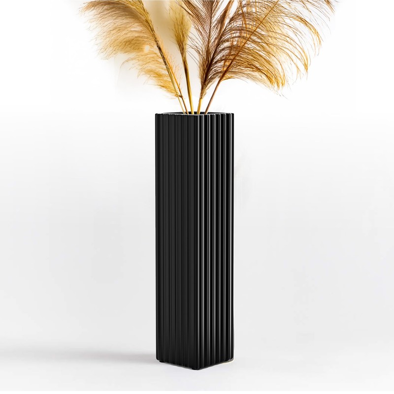 18" Modern Black Vertical Stripe Floor Vase, Tall Centerpiece Vase