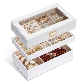 Homde Jewelry Tray Stackable Jewelry Box with Glass Lid, Removable Dividers for Vanity Table Gift Idea for Girls and Women (White)