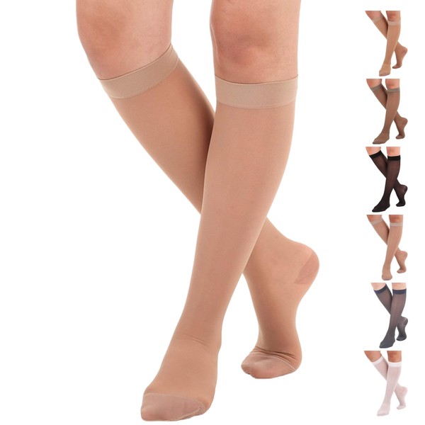 Made in USA - Plus Size Compression Socks for Women 15-20mmHg - Womens Knee High Compression Support Stockings for Swelling, Edema, Post Surgery - Beige, 2X-Large - A101BE5