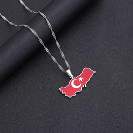 LUTAKU Turkey Map and Flag Necklace for Women Men, Turkish Necklace Pendant Charm, Stainless Steel Map Jewelry Accessories (silver)