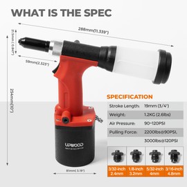UPWOOD Pneumatic Hydraulic Pop Rivet Gun, Self-Suction Air Riveter Riveting Tool with 100 pcs Blind Rivets and 3/32" 1/8" 5/32" 3/16" Nose Pieces