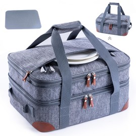 BAGSPRITE Insulated Casserole Carrier for Hot or Cold Food with Heat-resistant Mat, Casserole Dish Carrier Insulated Food Carrier, Hot Food Carrier, Foil Pan Carrier Fits 9"" x 13"" Baking Dish, Grey