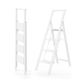 WOA WOA 4 Step Ladder, Ladders for Home, Anti-Slip Pedals, Aluminum Step Stool Foldable, Lightweight to Move, Ease of Storage, Reach 9ft for Closet Kitchen Library, Hold 300lbs - White
