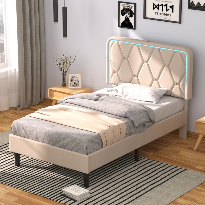 Vecelo LED Light Queen Full Twin Bed Frame with USB