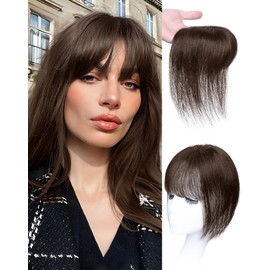 Hair Toppers for Women Real Human Hair, Hair Topper,Bangs Hair Clip 360°3D Cover Clip on Bangs for Women Fake Bangs Hair Topper with Bangs for Daily Wear(Dark Brown 7 * 8)