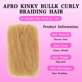 Geogroket Afro Kinkys Bulk Human Hair 30g/Pack for Mini Twist, Braiding Hair for Dreadlocks, Loc Repair, Twists, Dreadlock Extensions No Short Hair 16 Inch Honey Blonde 27#