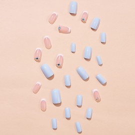 Blue Press on Nails Medium Fake Nails Square False Nails with Rhinestone Designs Full Cover Acrylic Nails French Tip Press on Nails Glossy Stick on Nails Cute Glue on Nails for Women Girls Manicure