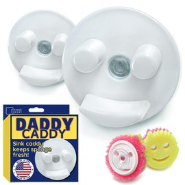 BeraTek Industries The Daddy Caddy - Kitchen Sink Sponge Holder with Suction Cup - Smiley Face Organizer Keeps Mommy and Daddy Clean and Dry - Scrub Caddy by Storage Theory (White, 2 Pack)