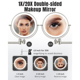 Wall Mounted Makeup Mirror with Light, 20X/1X 8'' Double Sided LED Magnifying Bathroom Lighted Vanity Mirror with Magnification, 3 Color Light up Touch Dimmable Extended Arm 360 Rotation