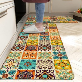 Tyrot Boho Kitchen Rugs Set of 2 Cushioned Anti Fatigue Kitchen Mats for Floor Non-Slip Waterproof Kitchen Floor Mats Colorful Ergonomic Cushioned Comfort Standing Mat for Laundry, Office, Sink