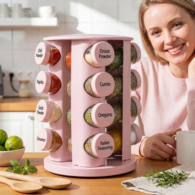 Yungyan Pink Rotating Spice Rack Seasoning Organizer with 16 Empty