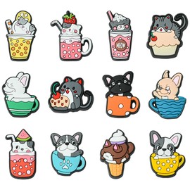 Stiesy 60 Pcs 12 Styles Animal Style PVC Shoes Charms Beads No Clasps Shoe Decoration Charms Bulk Cute Drink with Cute Cat Dog Slime Charms Flat Back Beads Accessories for Jewelry Making DIY Craft