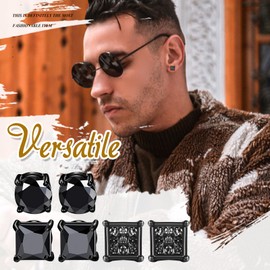 Flongo Magnetic Earrings Men's Stainless Steel: Women's Magnetic Earrings Black Magnetic Stud Earrings for Slimming 3 Pairs Set for Men Women 6 mm Square Zirconia Rhinestone Ear Clip No Hole Round