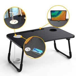 Elekin Folding Lap Desk for Laptop，Portable Laptop Desk Bed Table Standing Work Table Bed Tray with 4 USB Port/Cup Holder/Drawer for Bed Couch/Sofa (Mini Lamp,Fan)