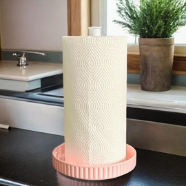 VROOMIUM Paper Towel Holder Countertop, Ceramic Base Easy-to-Clean, 1.4 lbs, 7" B x 12.5" H, Stable Elegant and Durable Kitchen Roll Stand, Cute Pink