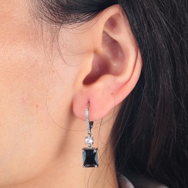 CiNily Leverback Earrings for Women Rectangular-cut Drop Dangle Earrings Hypoallergenic, 14K White Gold BLack Cubic Zircon Earrings Diamond Dangle Earrings Jewelry for Sensitive Ear