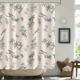 APROPHIC Shower Curtain Boho 180 x 180 cm, Shower Curtains Spring Flowers Birds, Vintage Botanical Watercolour Flower Bathroom Curtain, Polyester Fabric Bathroom Decor with 12 Hooks Machine Washable