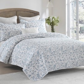 QuiltEase Blue Floral Quilt King Size - 100% Cotton King Quilt Bedding Set Bedspreads, Lightweight Reversible Comforter Set for King Bed, for All Season, White/Blue, 3 Pieces