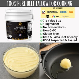 100% Pure Beef Tallow for Cooking & Deep Frying - 7lb Bulk Size - Food Grade Non-GMO | Nose to Tail | Made in USA | Gluten-Free | Great For Roasting, Baking, Cast Iron Seasoning, Candles, & Soap