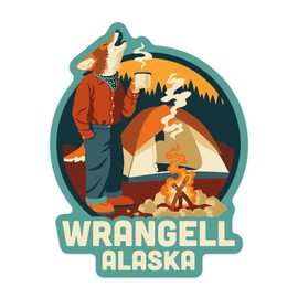 Die Cut Sticker Wrangell, Alaska, Camping Coyote, Vinyl Sticker 3 to 6 inches, (Waterproof Decal for Cars, Water Bottles, Laptops, Coolers), Large