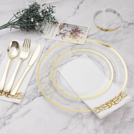 BESTVIP 700PCS Clear Gold Disposable Dinnerware Set (100 Guests), Plastic Plates for Party, Wedding, Party Supplies Include: 200 Plastic Plates, 100 Gold Silverware, 100 Cups, 100 Napkins