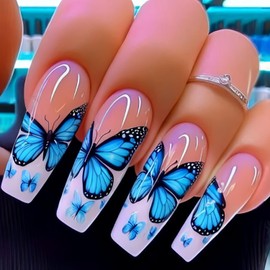 Long Square Press on Nails White French Tip Fake Nails Glossy Spring Stick on Nails with Designs Blue Butterfly Glue on Nails Reusable Acrylic Nails False Nails for Women Summer 24Pcs