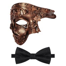 Oidea Masquerade Mask for Men: Steampunk Mechanical Cyborg Phantom of The Opera Mask Party Mask with Black Bow Tie, Gold