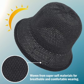 Women's Crochet Bucket Hat, Faux Straw Weaving Sun Hat Packable Mesh Woven Soft Lightweight Beach Hat for Spring Summer Fall Black